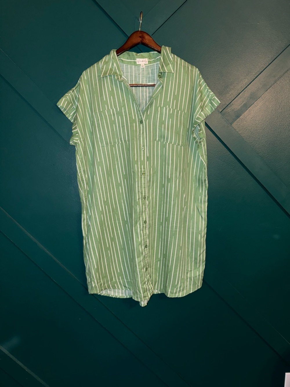 Wonderly Green and White Striped Button-Front Top Shirt Dress